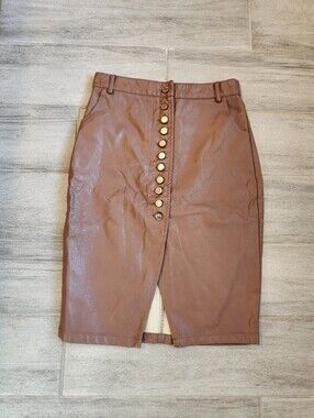 Love Republic Skirt 6 Brown Vegan Leather Pencil Knee Length Front Split Logo